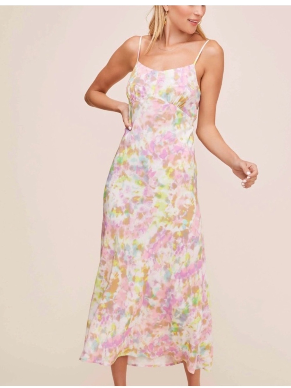 ASTR The Label Pink Yellow Tie Dye Midi Dress NWT Size Small Side Tie